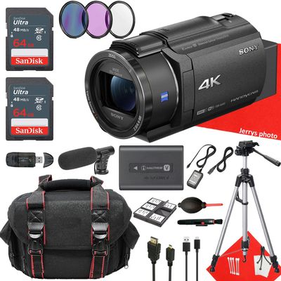 Sony FDR-AX43 UHD 4K Handycam Camcorder + 2PC 64 GB Memory + Shotgun Video Microphone + Filters + Tripod + More (19pc Bundle), Black (Renewed)