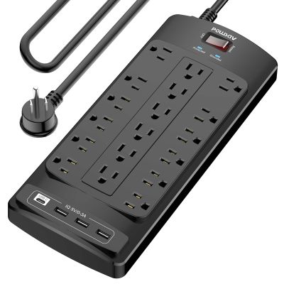 18 Outlets Surge Protector Power Strip - 10 Feet Flat Plug Heavy Duty Extension Cord with 18 Widely Outlets and 4 USB Ports, 2100 Joules, Black, ETL Listed