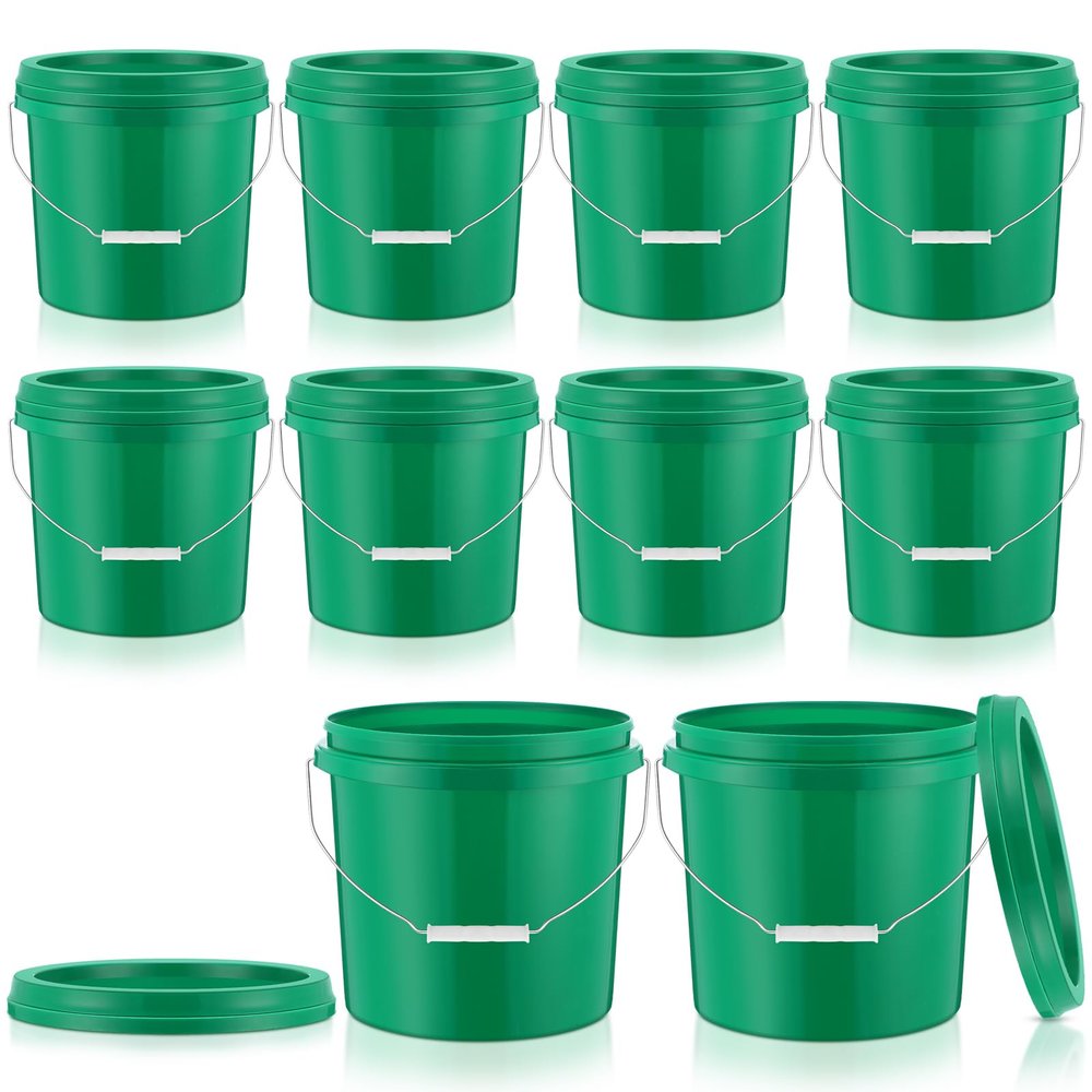 Tioncy 10 Pcs 2 Gallon Plastic Bucket with Lid Heavy Duty 2 Gallon Bucket Pail with Lid Handle for Storage Container Home Household Cleaning (Green)