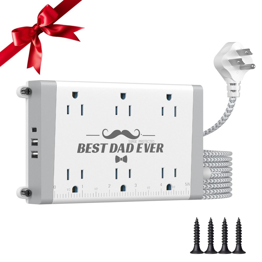 Thank You Gifts for Dad from Daughter Son - Wall Mount Power Strip with Surge Protector - 6 Outlets 3 USB (USB-C 15W), 6ft Braided Cord, On/Off Switch, Workshop & Garage Essentials