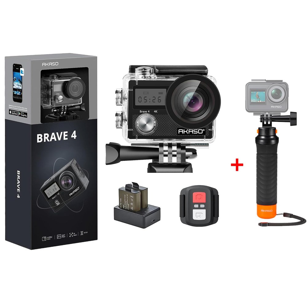AKASO Brave 4 Action Camera 4K 30fps Ultra HD WiFi Sport Cameras with Waterproof Floating Hand Grip Bundle