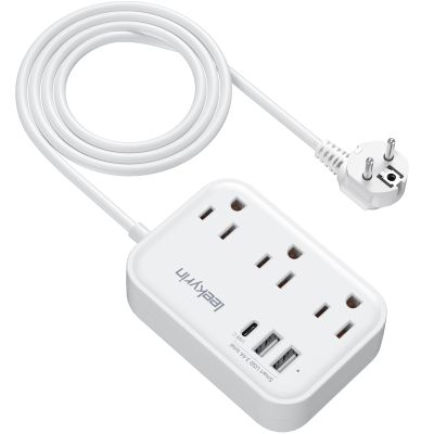 European Travel Plug Adapter(13A), US to Europe Plug Adapter with USB C(3.4A), 3 AC Outlets 3 USB Ports 5ft Extension Cord, Type E/F International Power Adapter for USA to Germany France Iceland Spain