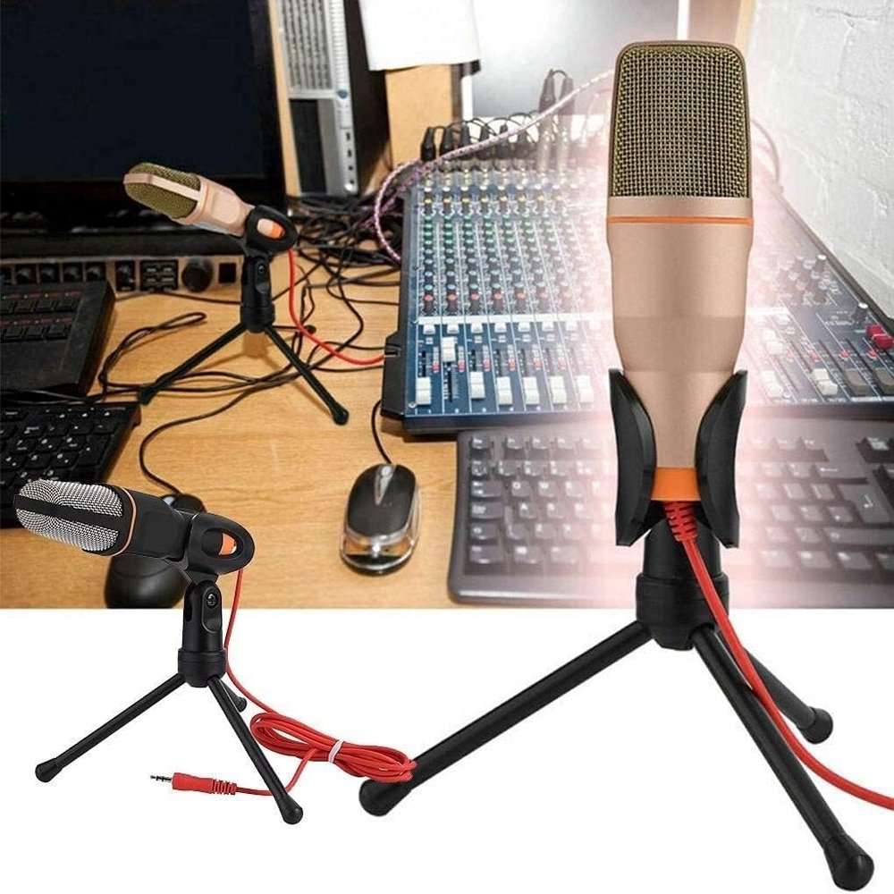 RhLLvJ Computer Video Voice Microphone with Stand Mobile Phone Live Microphone Singing Wired Condenser Microphone (Color : Gold)