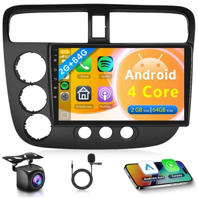 2G+64G Car Radio for Honda Civic 2001-2005 Android Car Stereo, Rimoody 9 Inch Touchscreen Support GPS Navigation WiFi Mirror Link FM/RDS EQ SWC Rear View Camera Microphone Carplay Android Auto
