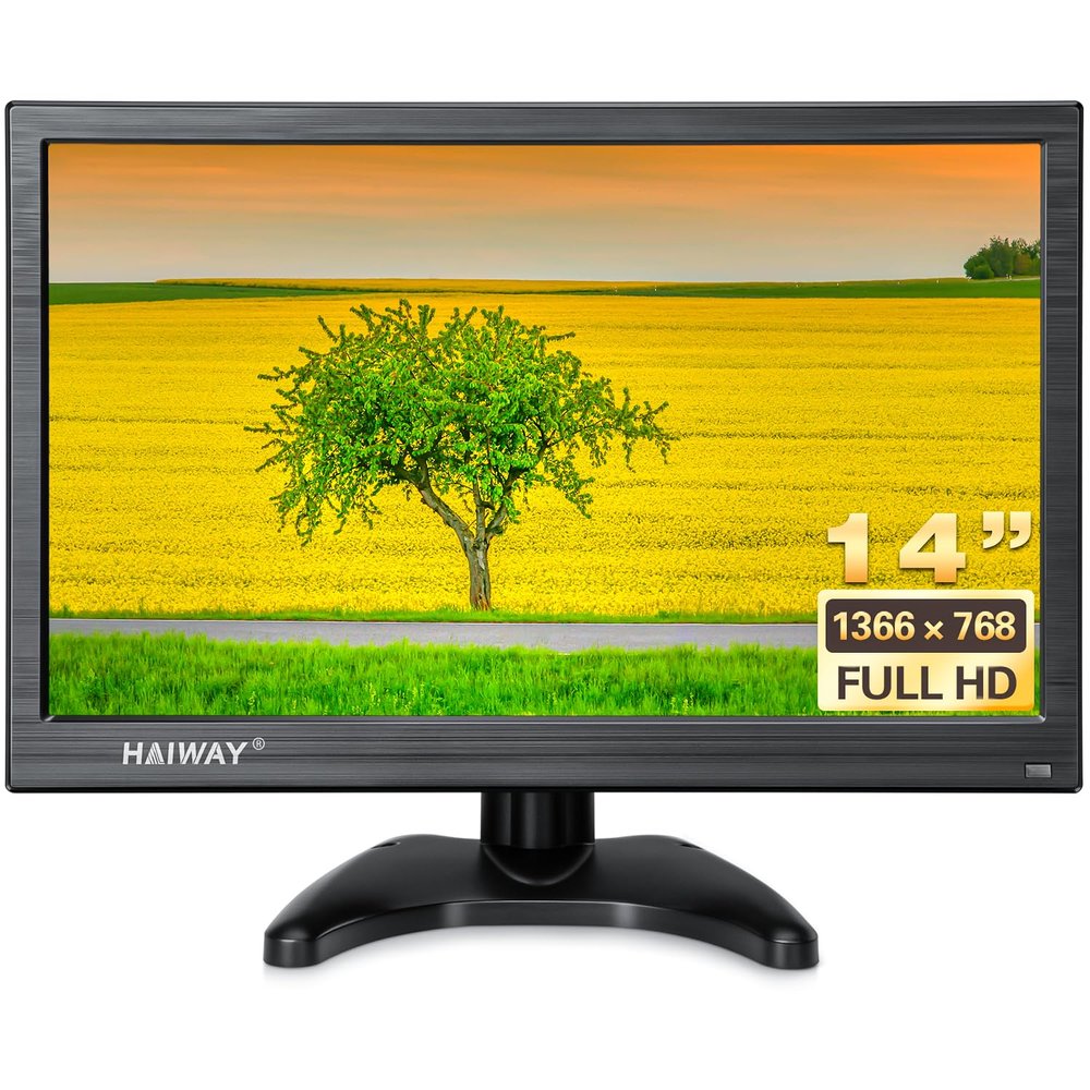 Haiway 14 Inch Security Monitor, 1366x768 Resolution Small PC Monitor Built-in Speakers with HDMI/VGA/BNC/AV Ports, Home Office Mini hdmi Monitors for Laptop, CCTV Camera, Gaming with Remote Control