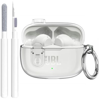 Compatible with JBL Vibe 200TWS/JBL Vibe Beam/Beam 2 Case Cover Clear Lock Clip with Cleaner Kit, Transparent TPU Protective Cover Men Women with Carabiner for JBL Vibe Beam 2 Charging Case - Clear