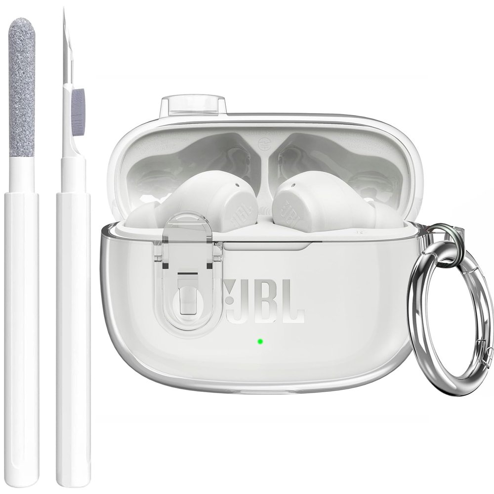Compatible with JBL Vibe 200TWS/JBL Vibe Beam/Beam 2 Case Cover Clear Lock Clip with Cleaner Kit, Transparent TPU Protective Cover Men Women with Carabiner for JBL Vibe Beam 2 Charging Case - Clear