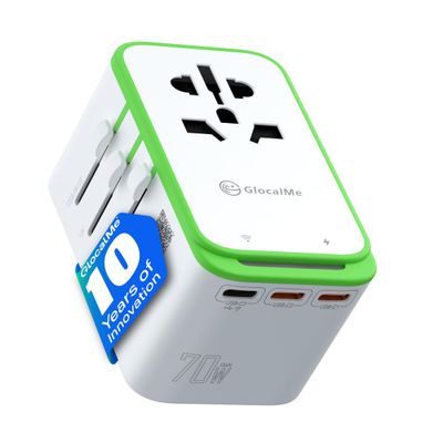 GlocalMe RoamPlug Universal Travel Adapter with 4G WiFi Mobile Hotspot and US 1GB Data, All-in-One International Power Plug Adapter, 4 USB Ports and Max 70W Output for EU UK AUS
