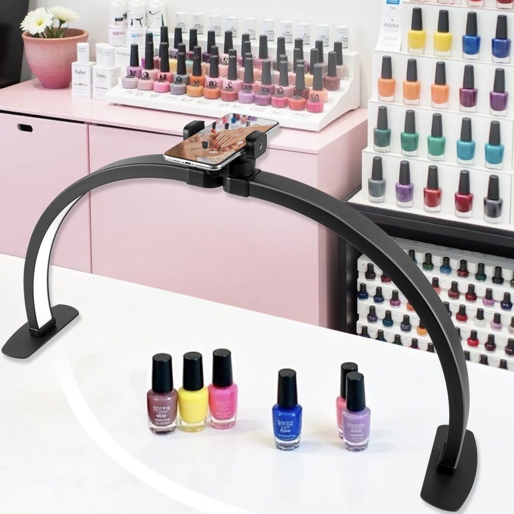 Half Moon Light for Nail Desk,29In Half Moon Lamp with Phone Holder,3000-6000K Nail Lamp Perfect LED Machine Light for Table (Black)