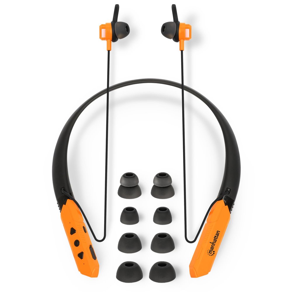 MANHATTAN Bluetooth Wireless Neckband Headphones  Work Earbud Earphones with 15H Playtime, Noise-Isolating, IPX4 Water Resistant, Built-in Mic  for Work, Music, Calls  3 Yr Mfg Warranty -179829