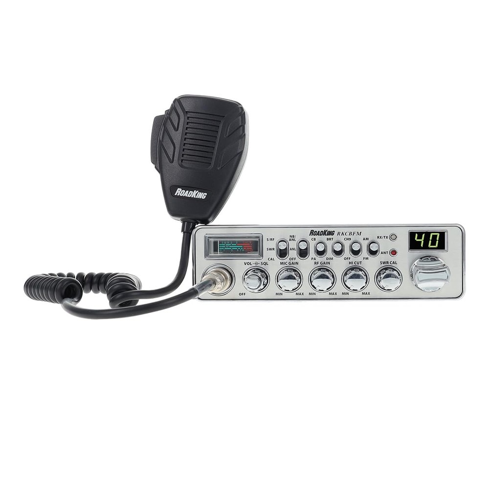 RoadKing RKCBFM Dual-Mode AM/FM CB Radio for Truckers Full 40 Channels Pro Emergency Channel CB with Noise-Cancelling Mic Large Display - Silver