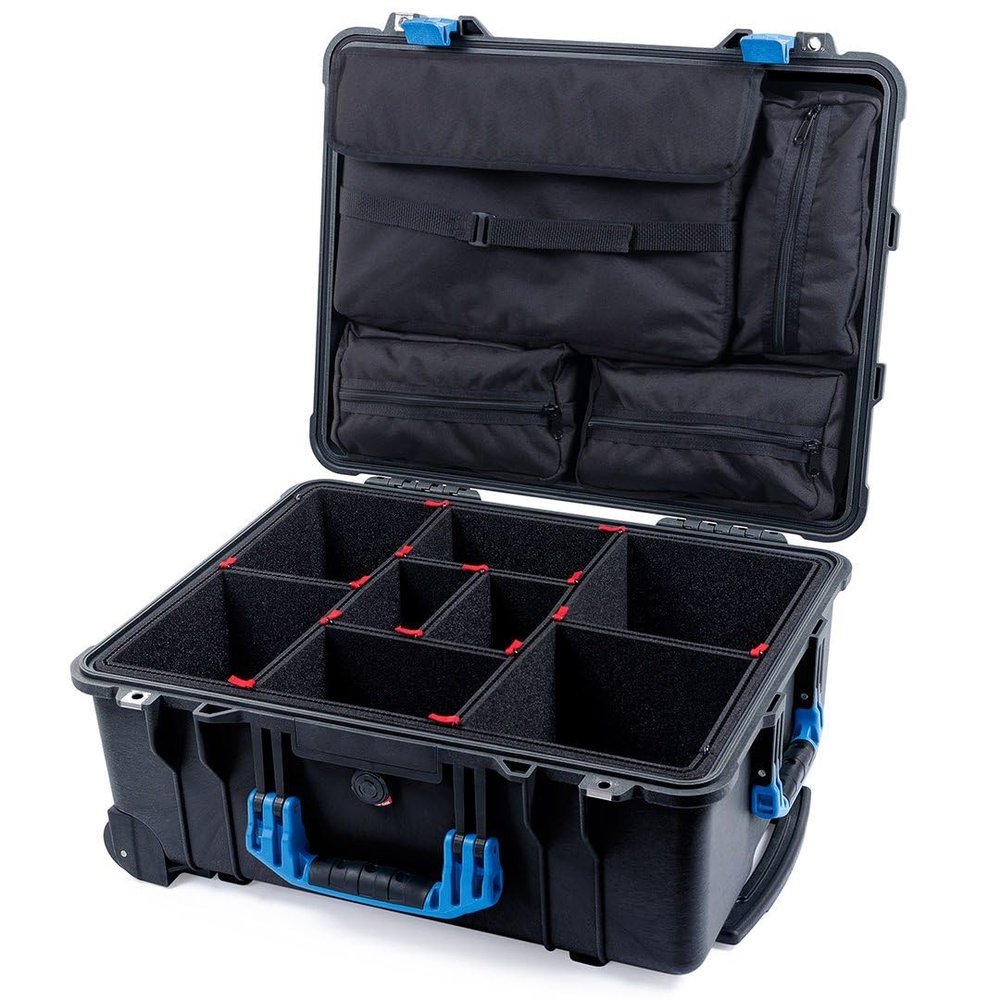 ColorCase Pelican Protector 1560 Case Black - Waterproof Case with TrekPak Divider System & Laptop Computer Lid Pouch - Blue Handles & Latches