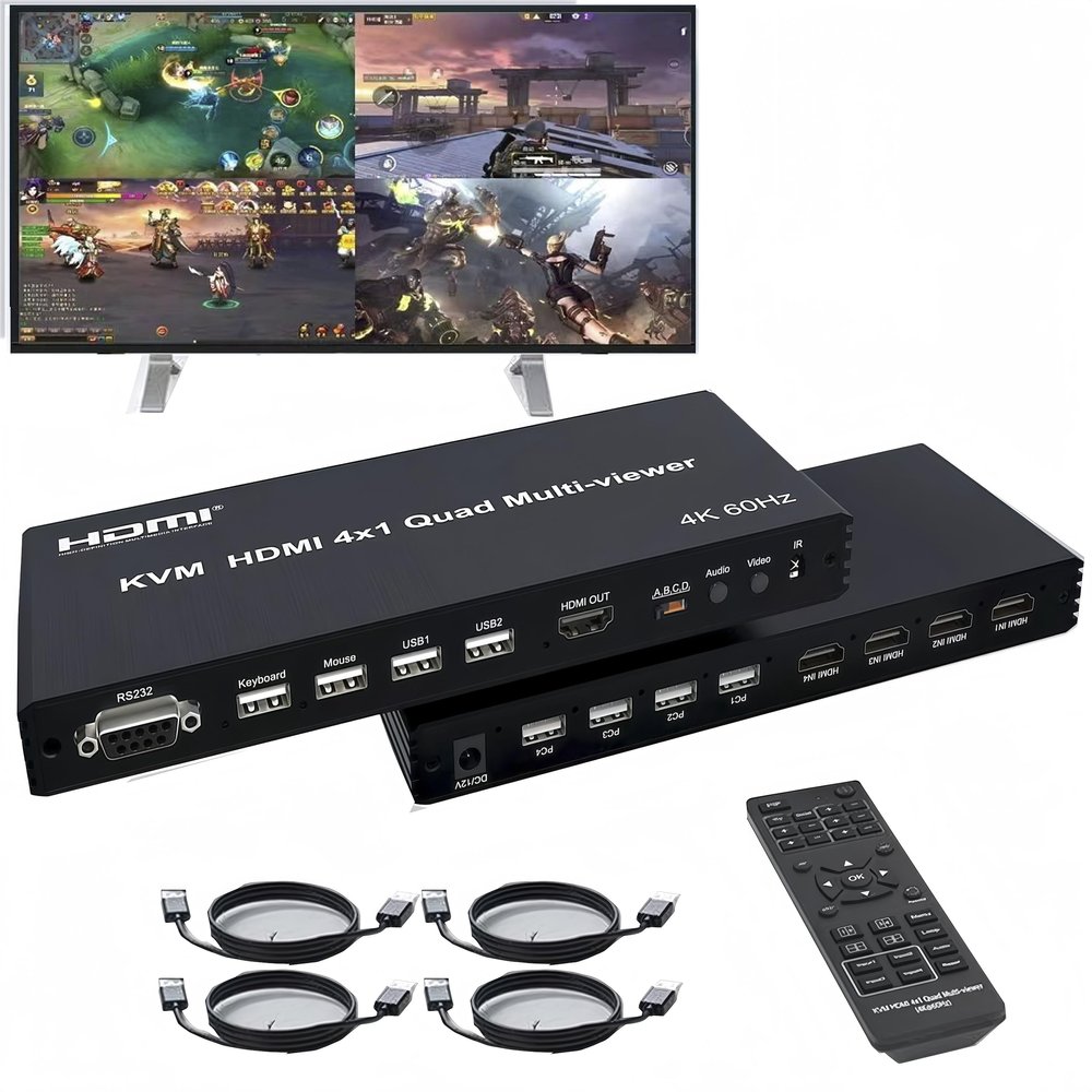 4K HDMI Multiviewer 4X1 with KVM PIP,4HDMI/4PC in 1 Out Seamless Switch 1 2 3 4 Screen Supports 4K30Hz Input and 4K60Hz ouput KVM(Keyboard&Mouse Control Computer) IR RS232 8Modes 11 21 31 41 etc