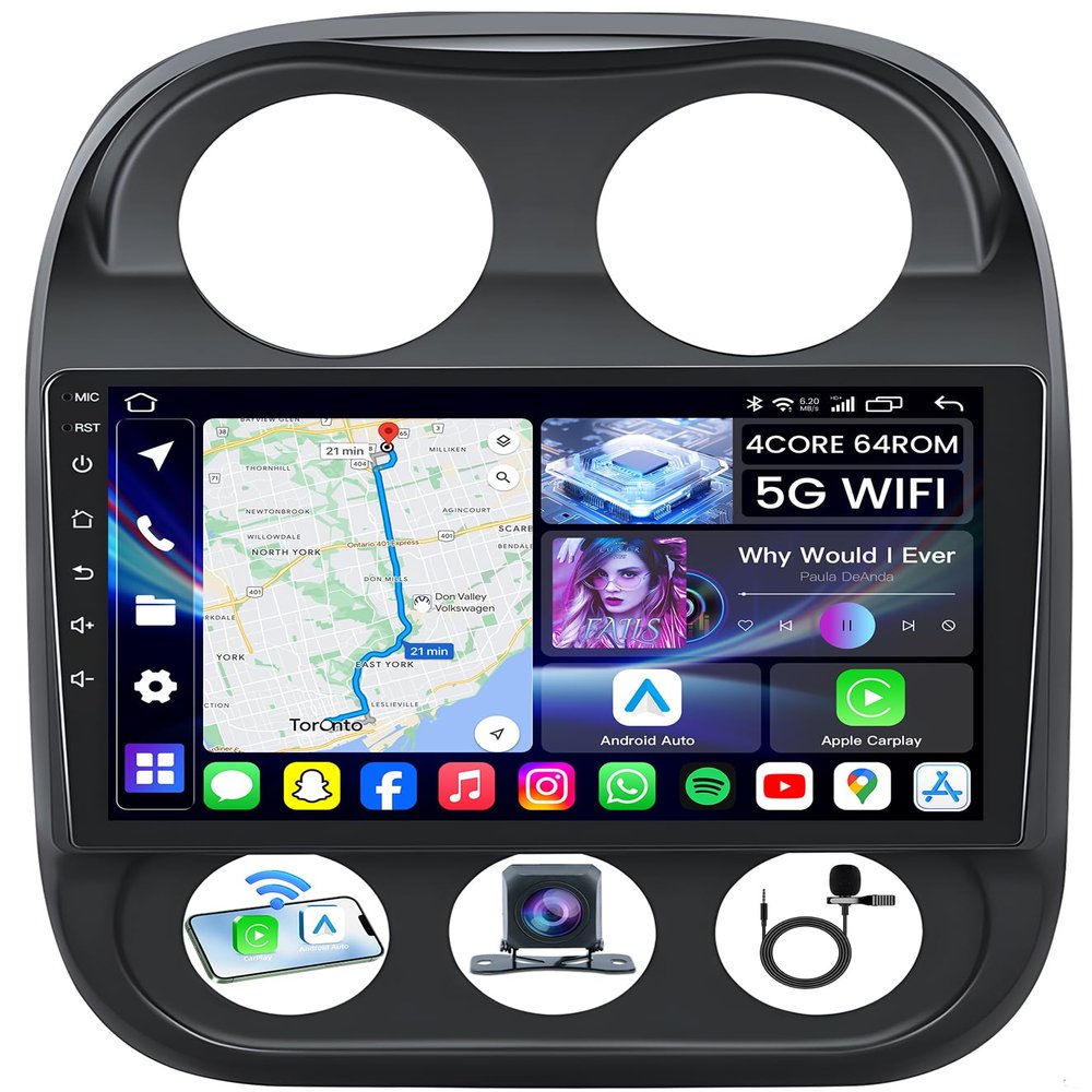 [4Core+64GB] Car Radio Stereo for Jeep Compass Patriot 2010-2016: Upgrade 5G WiFi 10.4" 1280 * 800 Touchscreen Head Unit Wireless Carplay Android Auto Bluetooth GPS FM SWC Backup Camera