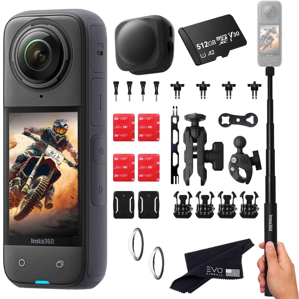 Insta360 X4 Motorcycle Bundle- 8K Waterproof 360 Action Camera with 1/2"" 48MP Sensors, 8K 360 HDR Video, |Includes Motorcycle Bundle, Selfie Stick, Lens Guards, Lens Cap (512GB), Black