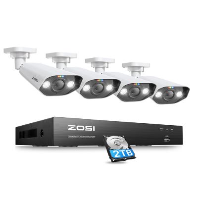 ZOSI 4K PoE Security Camera System,Person Vehicle Detection,8 Port 16CH 8MP NVR with 2TB HDD,4pcs 4K Outdoor Indoor PoE IP Cameras,2 Way Audio,Spotlight Siren,Color Night Vision,for 24/7 Recording