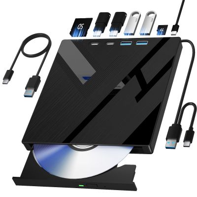 Wbacon 7 in 1 External CD/DVD Drive for Laptop, Portable DVD Player for Laptop with SD/TF Port, External DVD Drive with USB 3.0/Type C, CD Drive USB for PC Windows Linux