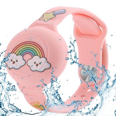DirectNine Basics Compatible for AirTag Kids Bracelet, Cute Kid Air Tag Wristband Adjustable Hidden Watch Band Air Tag Holder for Apple Air Tag, Soft Silicone Waterproof Air Tag Case for Kids (Rainbow)