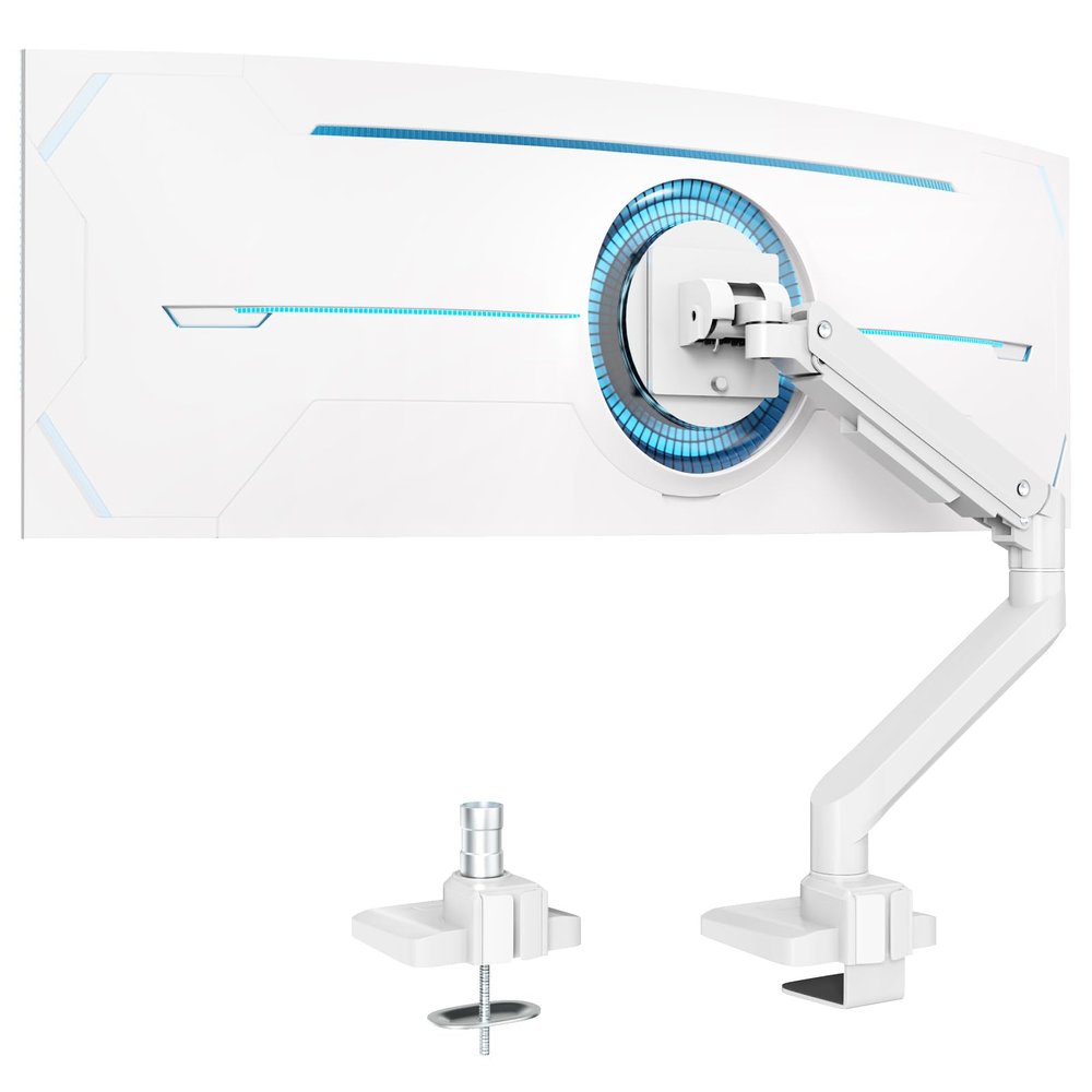 Premium Heavy Duty Monitor Arm for 17 to 49 inch Screens up to 44lbs, Fully Adjustable Ultrawide Single Clamp-on Desk Mount Stand, VESA 75x75/100x100mm (White)