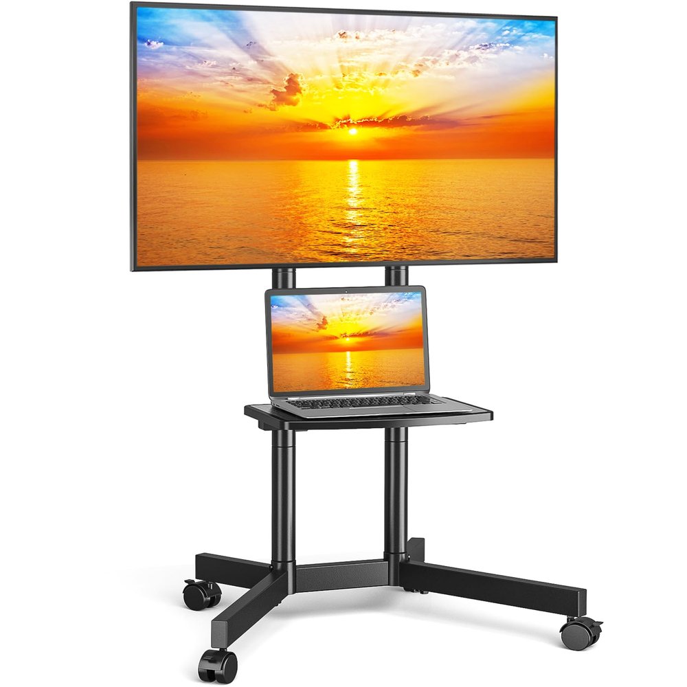 YOMT Portable Rolling TV Stand for 32-75 inch TVs, Height Adjustable Mobile TV Cart with Locking Casters, Heavy Duty Universal TV Stand On Wheels with Removable Shelf for Living Room, Bedroom, Office