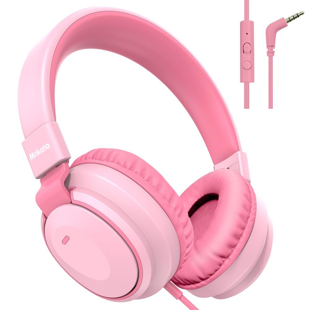 Headphone Kids Volume Limited 85/94dB Wired Over-Ear/On-Earr Foldable Headset with Inline Cable Aux 3.5mm Cord Mic for Toddler Boy Girl Child Back to School Study Pad Tablet Pink