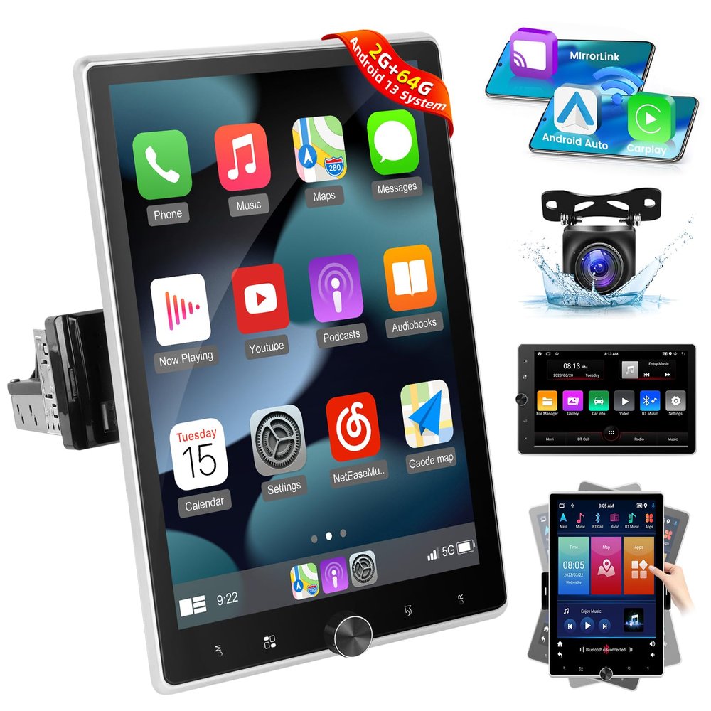 [2G+64G] Android 13 Single Din Vertical Car Stereo Rotatable 10.4 inch Touch Screen Radio with Carplay/Android Auto/EQ Audio/Bluetooth 4.2/SWC/GPS Navigation/FM RDS Radio +Backup Camera