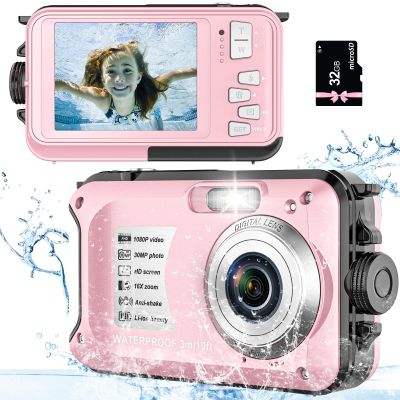 SPUNALP Underwater Camera with 32GB Card Point and Shoot Waterproof Camera 10FT 30MP 1080P FHD Video Compact Portable 16X Zoom Waterproof Digital Camera for Kids Snorkeling, Pink1