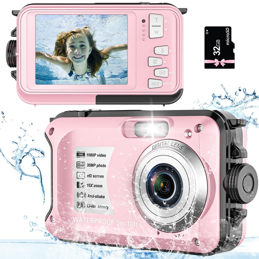 SPUNALP Underwater Camera with 32GB Card Point and Shoot Waterproof Camera 10FT 30MP 1080P FHD Video Compact Portable 16X Zoom Waterproof Digital Camera for Kids Snorkeling, Pink1