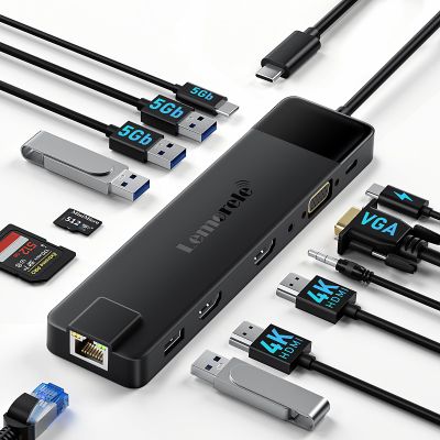 Lemorele 13 in 1 USB C Docking Station for Triple Monitors, Dual 4K HDMI, 1000M RJ45, VGA, 4 USB 3.0/2.0, SD/TF, 3.5MM Audio, USB C 3.0, 100W PD, Compatible with Type C Laptops