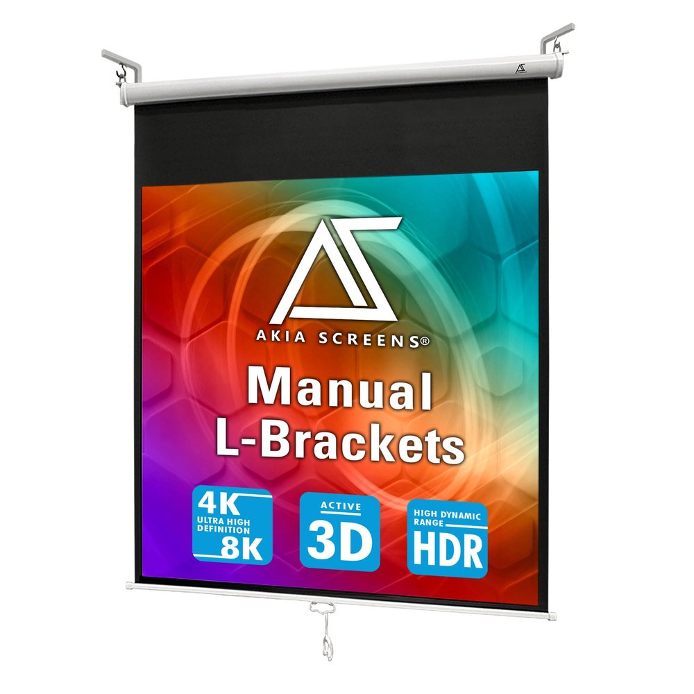 Akia Screens 125 inch Projector Screen Pull Down 1:1 Manual, Ceiling Mount or Wall Mount Retractable Projection Screen with 10 inch Bracket White, AK-M125S1 and AK-ZLB10W