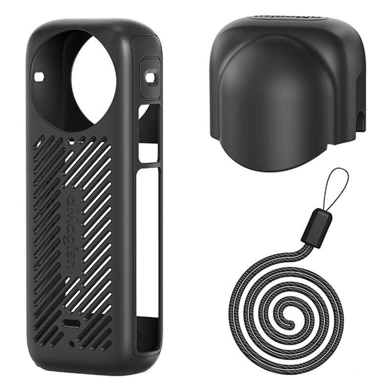 Coyktonty Protective Cover/Silicone Cover Set for Insta360 X4,Silicone case+Anti Lost Lanyard+Lens Cap (3in1 Set) (Black)