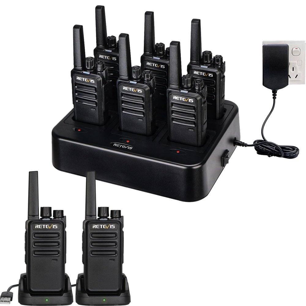 Retevis RT68 Rechargeable Two Way Radios 6 Pack with Six-Way Multi Gang Charger, Bundle with 2 Pack Heavy Duty Walkie Talkie for Adults