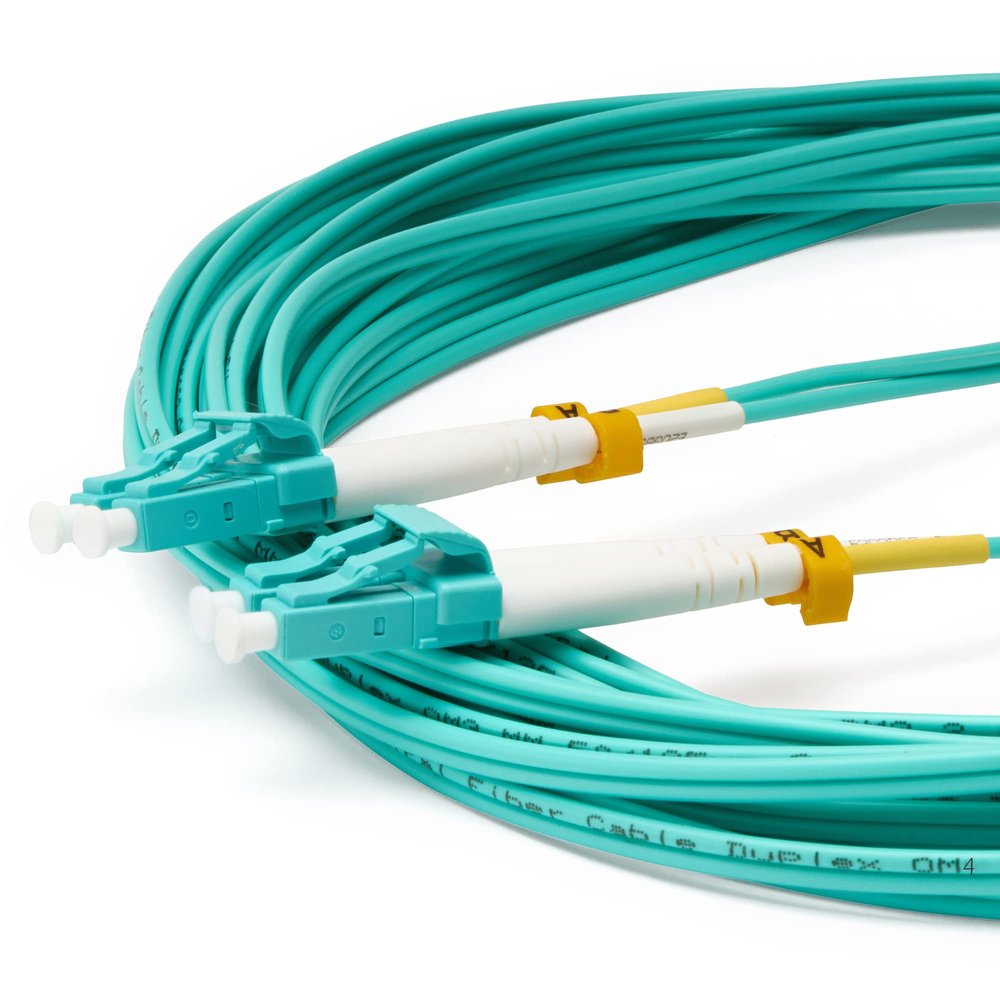 trueCABLE LC to LC OM4 Fiber Patch Cable, 15m (49.21ft), UPC Polish, 100GB Multimode (MM) Duplex 50/125um, Riser Rated (OFNR), UL Listed, 1pc, Aqua