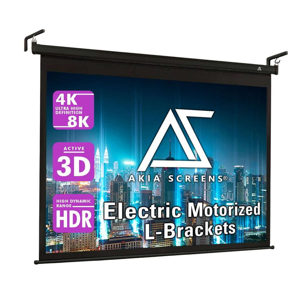 Akia Screens 104 inch Motorized Projector Screen Drop Down 4:3 Remote Controlled, Ceiling Mount or Wall Mount Retractable Projection Screen with 10 inch Bracket Black, AK-MOTORIZE104V1 and AK-ZLB10B