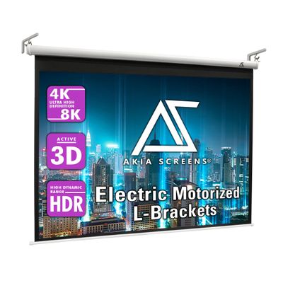 Akia Screens 104 inch Motorized Projector Screen Drop Down 4:3 Remote Controlled, Ceiling Mount or Wall Mount Retractable Projection Screen with 10 inch Bracket White, AK-MOTORIZE104VW and AK-ZLB10W