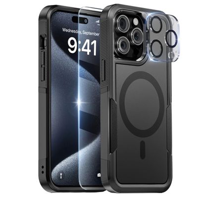 for iPhone 15 Pro Max Case Compatible with Magsafe, with 2x Tempered Glass Screen Protector, 2x Camera Lens Protector, Hard PC & Soft TPU 2 in 1 Shockproof Heavy Dropproof Design, Armor Black