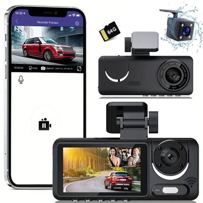 3 Channel Dash Cam, Full UHD Front and Car CameraRear Inside,Car Camera Full HD 170 Deg Wide Angle Dashboard Camera with 64GB Card, 2-Inch Screen,G-Sensor,Loop RecordingNight Vision