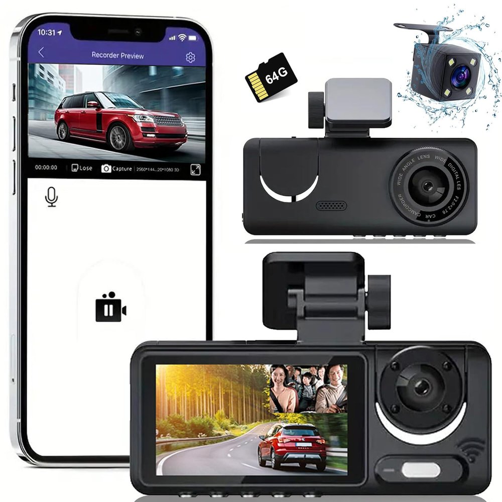 3 Channel Dash Cam, Full UHD Front and Car CameraRear Inside,Car Camera Full HD 170 Deg Wide Angle Dashboard Camera with 64GB Card, 2-Inch Screen,G-Sensor,Loop RecordingNight Vision