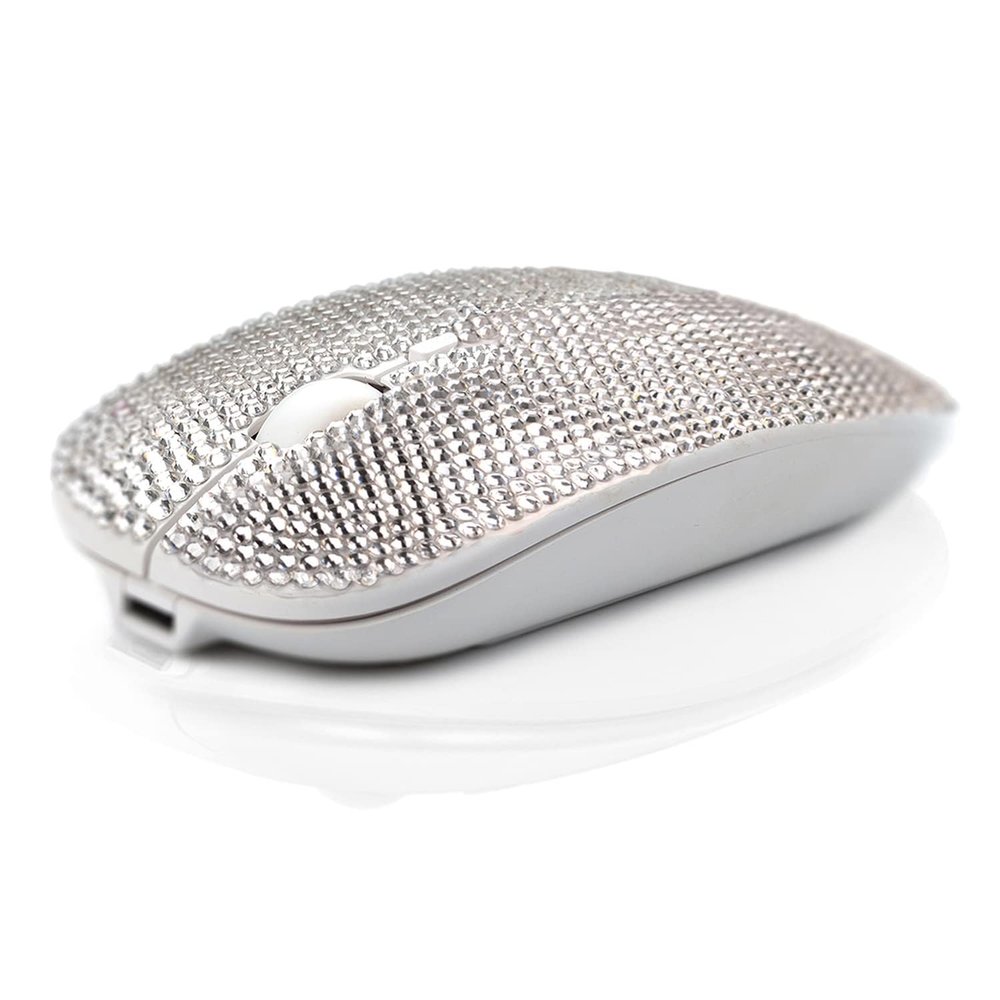 blingbybri Bling Wireless Mouse Sparkly, Silver Rhinestone Glitter Computer Mouse Wireless with USB Receiver for Girls, Bedazzled Cute Mice for Laptop, PC, Notebook, MacBook Gift - Silver White
