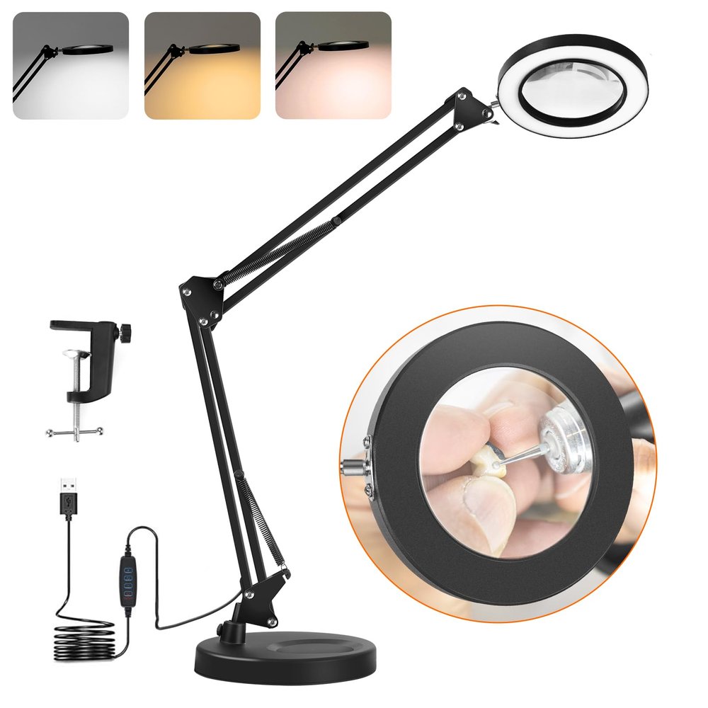 GOCHIFIX 10X Magnifying Glass with Light and Clamp LED Magnifier Desk Lamp