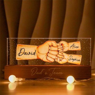IZI POD Dad's Team Fist Bump Personalized Acrylic LED Night Light - Custom Father's Day, Christmas, Birthday Gift for Daddy, Papa, Grandpa, Husband - Fathers Day Decor