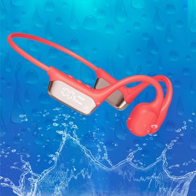 DHBY Swimming Headphones Bone Conduction Open Ear Headset MP3 Player Built-in 32G Memory IP68 Underwater Waterproof Stereo Bluetooth Earphone LED Screen for Driving Bicycling Running Skiing-S10 Red