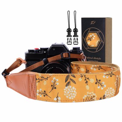 Padwa Lifestyle Camera Strap - 2" Full Grain Leather Ends Camera Straps for Photographers, Vintage Embroidered Cotton Weave Soft Suede Fabric Padded Strap Quick Release fits All Cameras