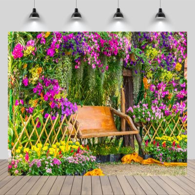chnywork 10x8ft Spring Garden Backdrop Blooming Flowers Wooden Chair Summer Garden Background Natural Scenic Birthday Wedding Baby Shower Party Decor Photo Booth Studios Props Wallpaper