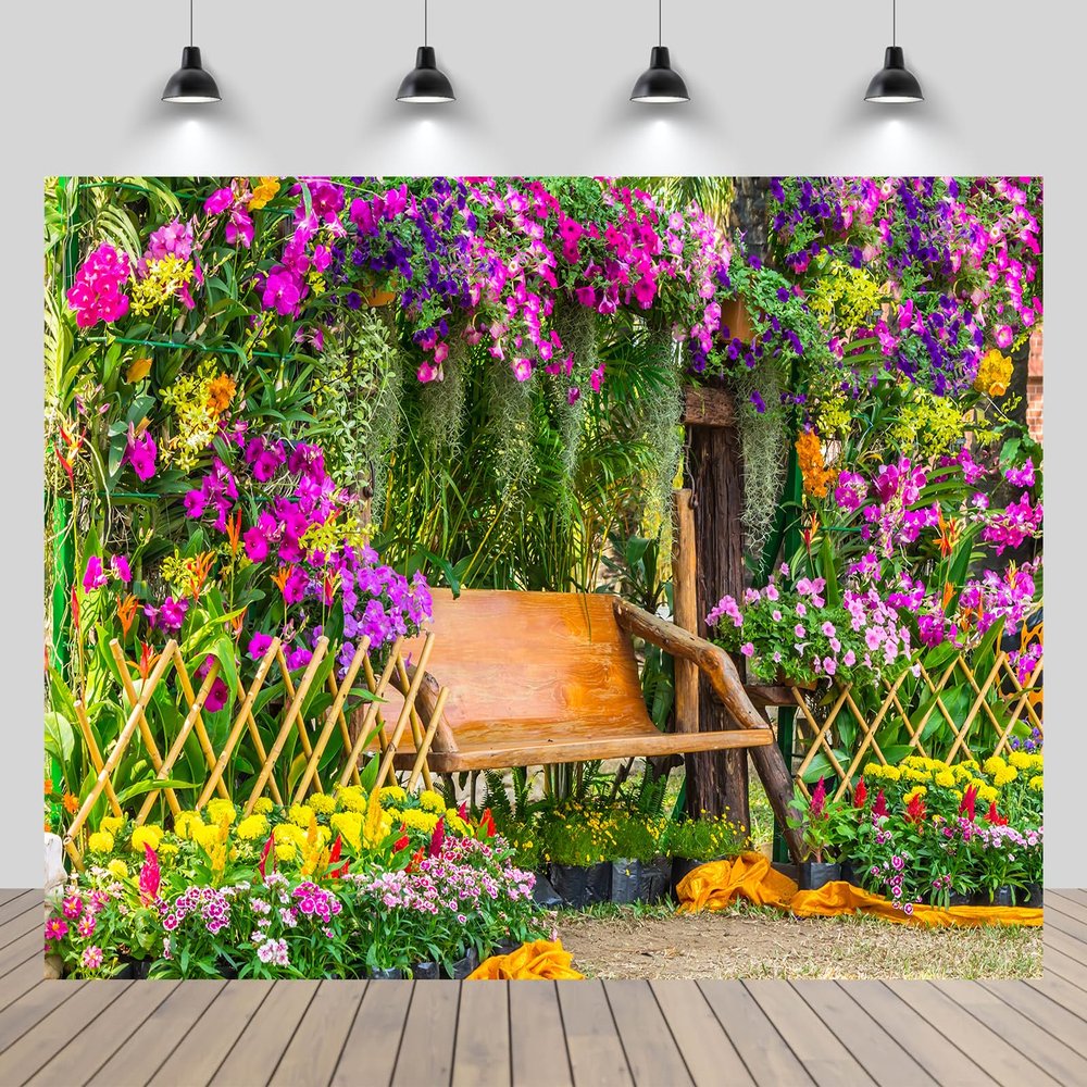chnywork 10x8ft Spring Garden Backdrop Blooming Flowers Wooden Chair Summer Garden Background Natural Scenic Birthday Wedding Baby Shower Party Decor Photo Booth Studios Props Wallpaper