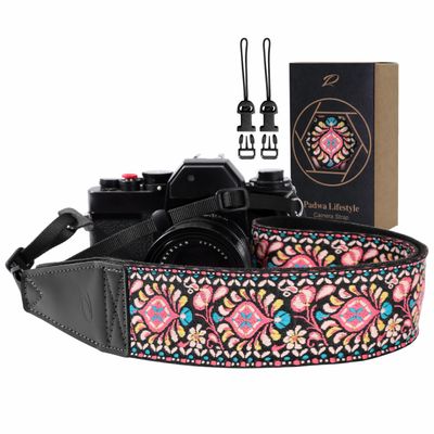 Padwa Lifestyle Pink Flower Camera Strap - 2" Full Grain Leather Ends Camera Straps for Photographers, Vintage Embroidered Cotton Weave Soft Suede Fabric Padded Strap Quick Release fits All Cameras