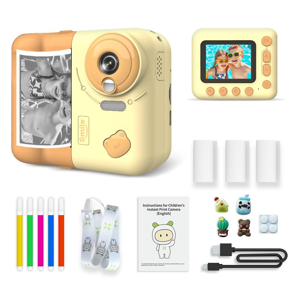 Camnoon Kids Instant Print Camera 1080P Digital Camera for Kids 2.4 Inch IPS Screen 10X Zoom with Thermal Printing Paper Color Pens Neck Strap 32GB TF Card Birthday Festival Gift for Children