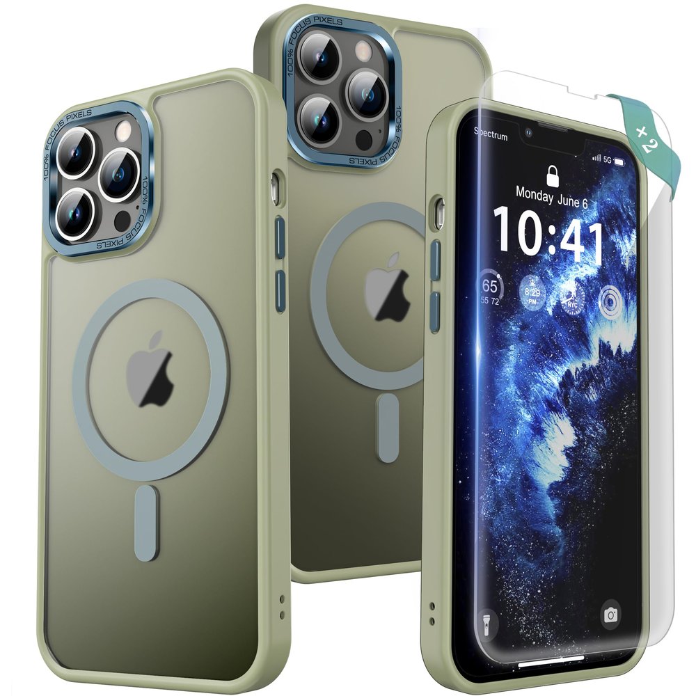 RFUNGUANGO for iPhone 13 Pro Max Case Compatible with Magsafe, with 2X Tempered Glass Screen Protector, 2X Camera Lens Protector, 360 Full Body Shockproof Heavy Dropproof, Interurban Gray