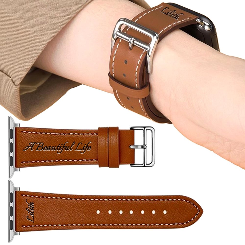Custom Watch Strap Personalized Bands For iWatch 38mm 40mm 41mm 42mm 44mm 45mm, Laser Engraving Genuine Leather Wrist Straps for Series SE/8/7/6/5/4/3/2/1