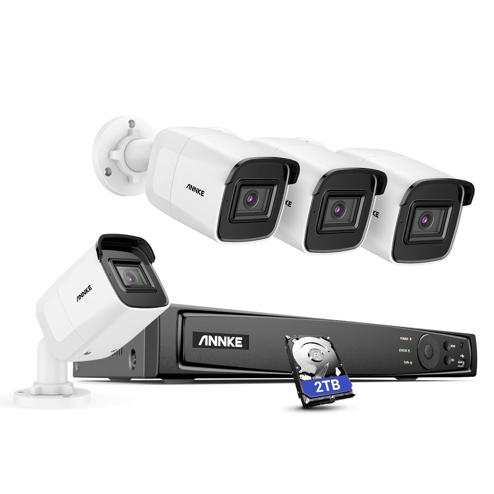 ANNKE 4K PoE Security Camera System 8CH H.265+ NVR with 2TB Hard Drive for 7/24 Recording, AI Human/Vehicle Detection, 4pcs 8MP Outdoor Bullet IP Cam, 2.8mm Lens, IP67, Built-in Mic & SD Card Slot